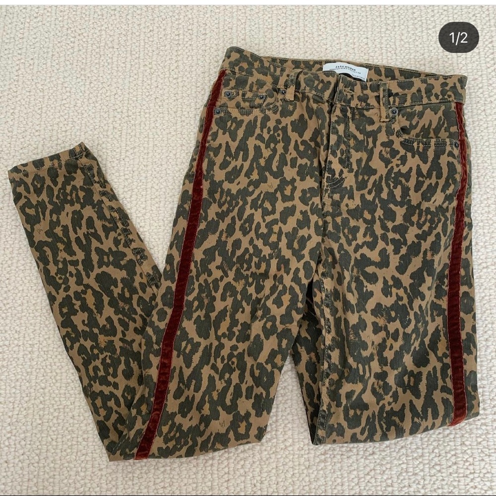 Zara high waisted cheetah pants. Red velvet stripe